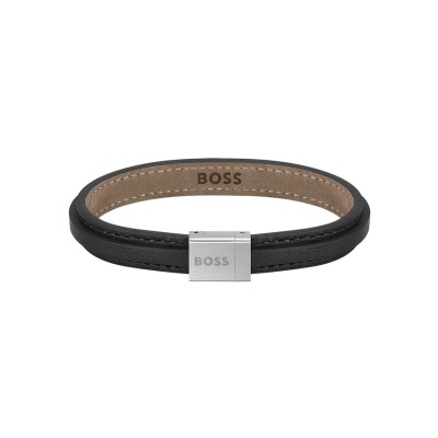 Bracelet BOSS Grover en acier et cuir noir, taille M