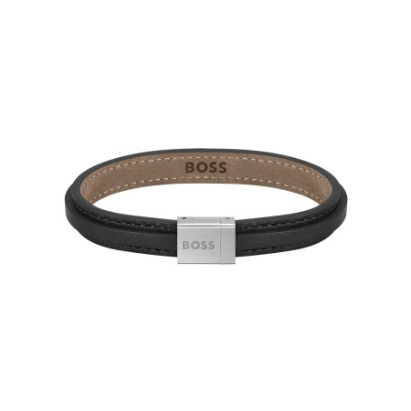 Bracelet BOSS Grover en acier et cuir noir, taille S