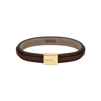 Bracelet BOSS Grover en métal doré et cuir marron, taille M