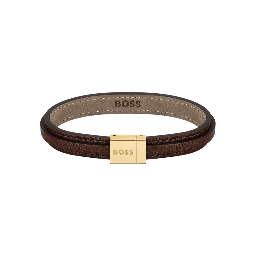 Bracelet BOSS Grover en métal doré et cuir marron, taille S