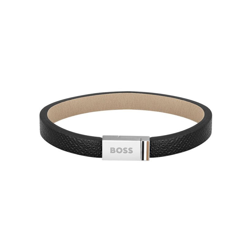 Bracelet BOSS Jace en acier et cuir noir, taille M