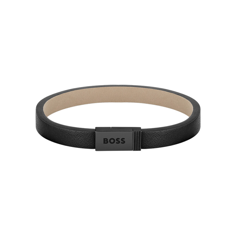 Bracelet BOSS Jace en acier PVD noir et cuir noir, taille M