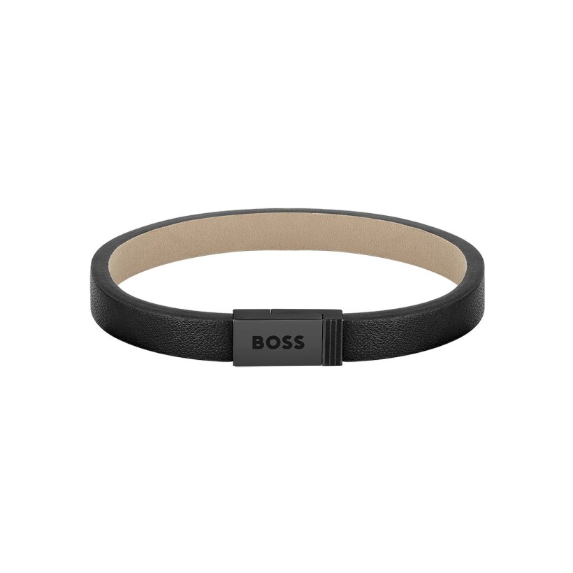 Bracelet BOSS Jace en acier PVD noir et cuir noir, taille S