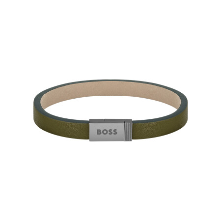 Bracelet BOSS Jace en acier PVD gris et cuir vert, taille M