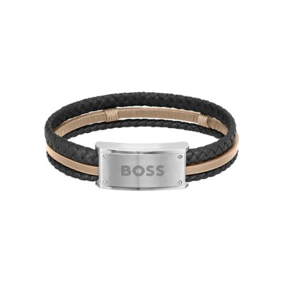 Bracelet BOSS Galen en acier et cuir marron et noir, taille XL