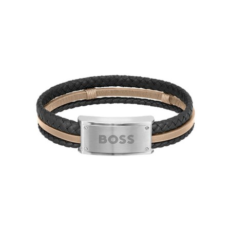 Bracelet BOSS Galen en acier et cuir marron et noir, taille XL