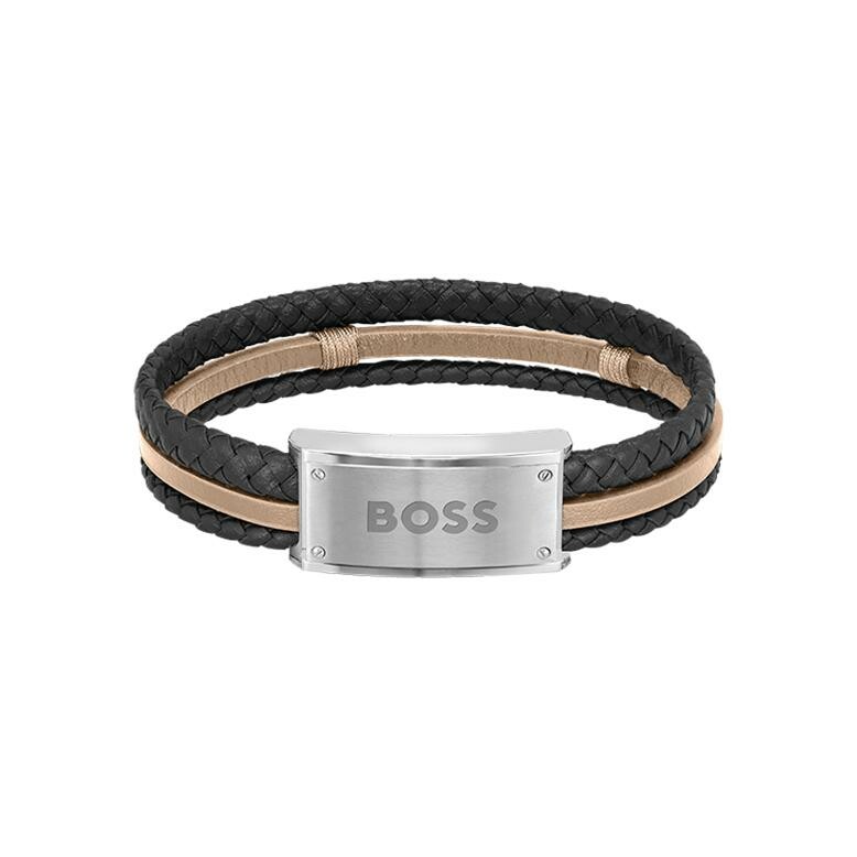 Bracelet BOSS Galen en acier et cuir marron et noir, taille XL