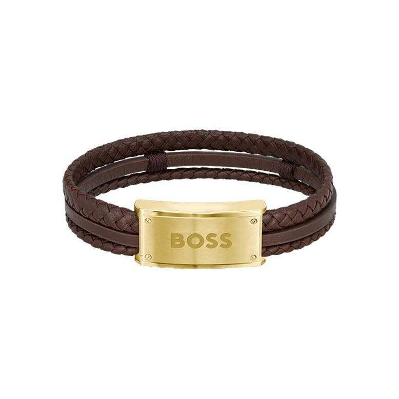 Bracelet BOSS Galen en métal doré et cuir marron, taille XL