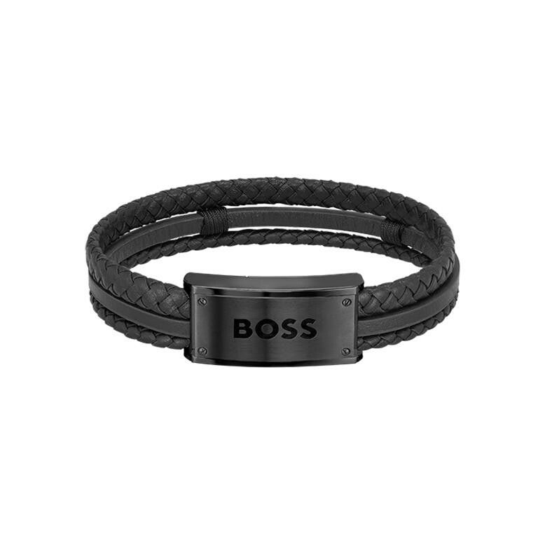 Bracelet BOSS Galen en acier PVD noir et cuir noir, taille XL