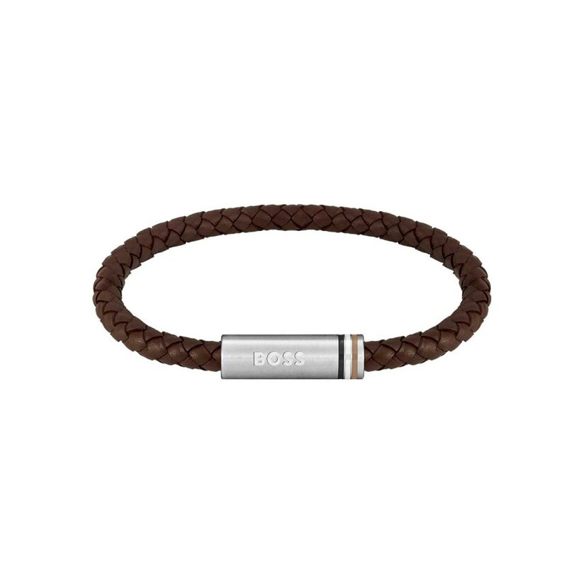 Bracelet BOSS en cuir marron et acier