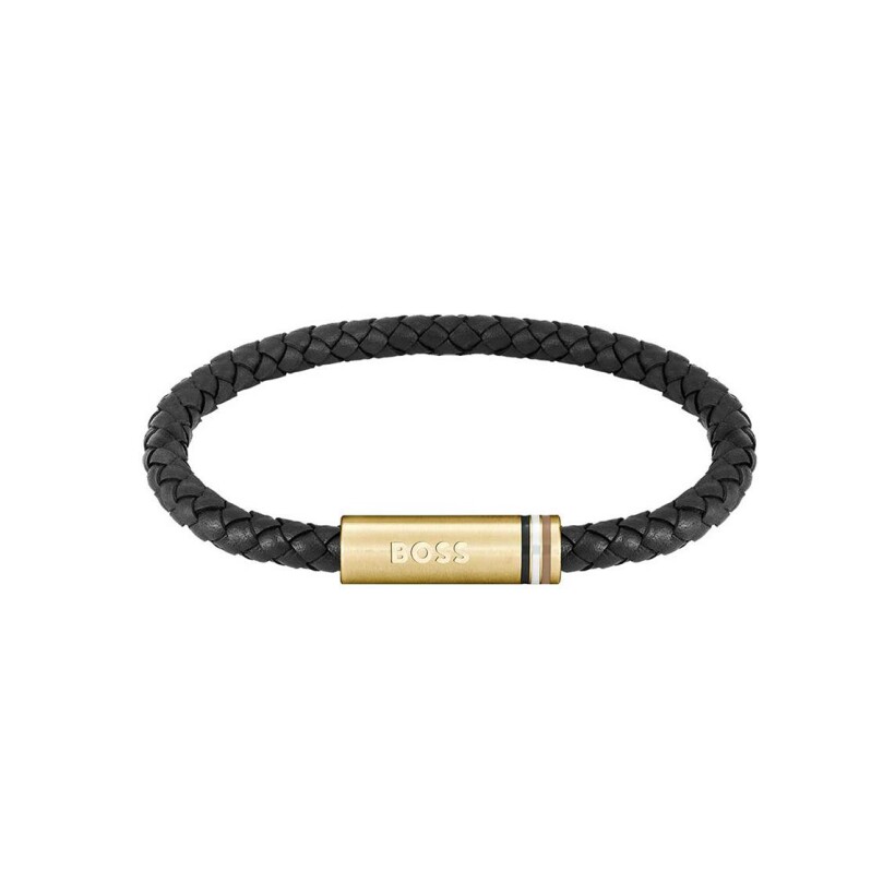 Bracelet BOSS en cuir noir et acier doré