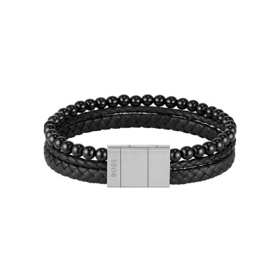Bracelet BOSS en acier, cuir et onyx