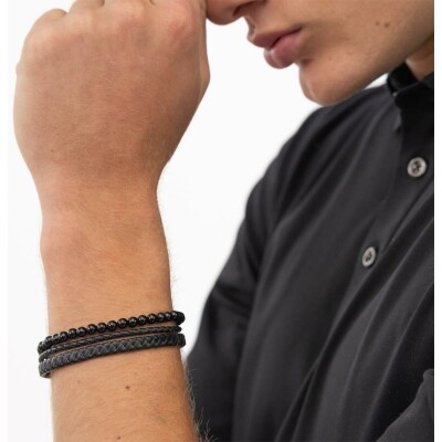 Bracelet BOSS en acier, cuir et onyx