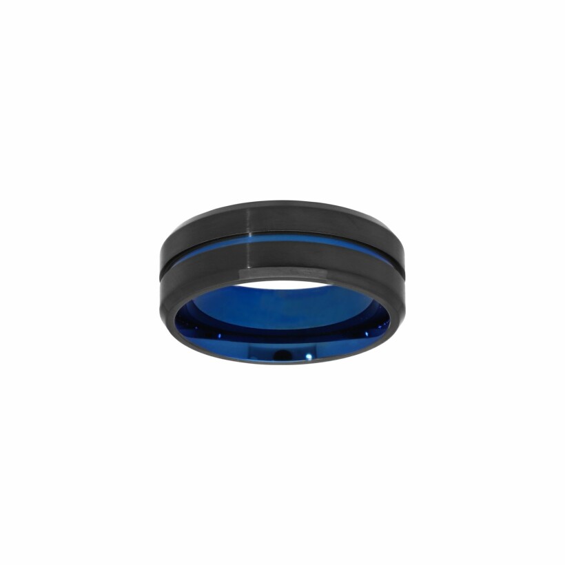 Bague en acier et pvd noir filet et interieur bleu