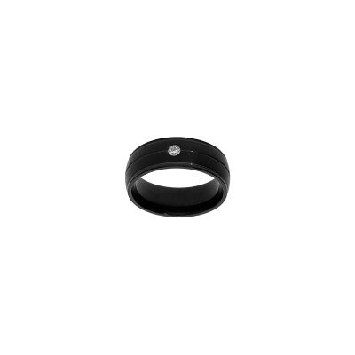 Bague en acier, PVD noir et oxyde de zirconium, taille 66