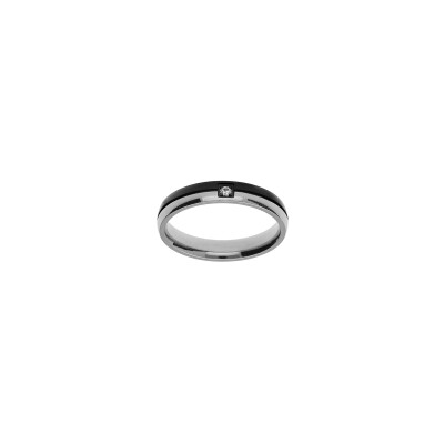 Bague double anneaux en acier, PVD noir et oxyde de zirconium, taille 62