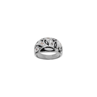 Bague en acier, résine, nacre blanche et noir, taille 54