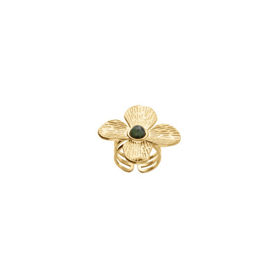 Bague régable fleur en acier doré et turquoise africaine reconstituée