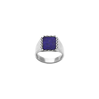 Bague rectangulaire en acier et lapis lazuli reconstituée