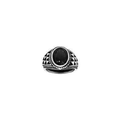 Bague noir imitation en acier et onyx d'imitation, taille 60