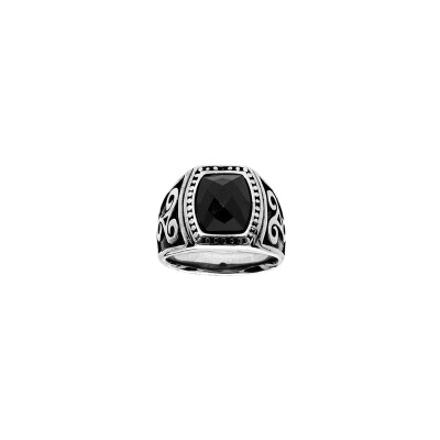 Bague motif triskel en acier et pierre noire, taille 64