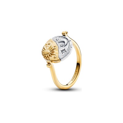 Bague Pandora Talisman Réversible Soleil et Lune en argent, métal doré et oxyde de zirconium, taille 56
