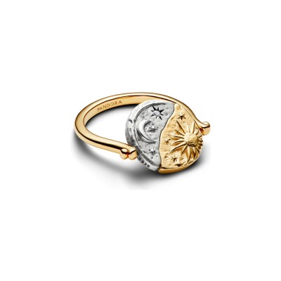 Bague Pandora Talisman Réversible Soleil et Lune en argent, métal doré et oxyde de zirconium, taille 54