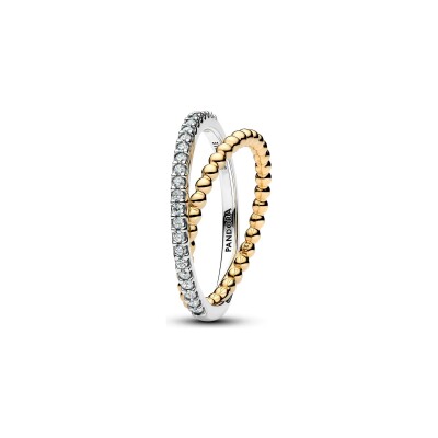 Bague Pandora Signature Double Sphères en argent, métal doré et oxyde de zirconium, taille 56