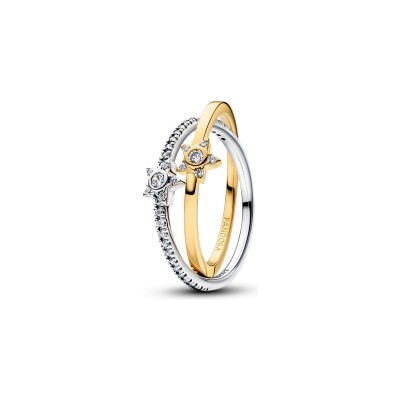Bague Pandora Timeless Croisée Étoiles Scintillantes en argent, métal doré et oxyde de zirconium, taille 54