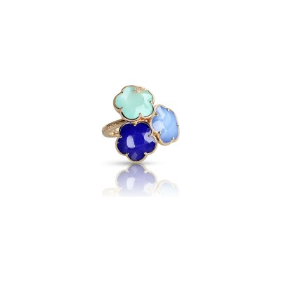 Bague Pasquale Bruni Petit Joli in the Blue en or rose, agate blanche, lapis lazuli, turquoise, pierre de lune,  cristal de roche et diamants blancs et champagne