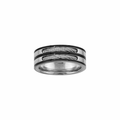 Bague en acier pvd noir 2 rangs câble gris