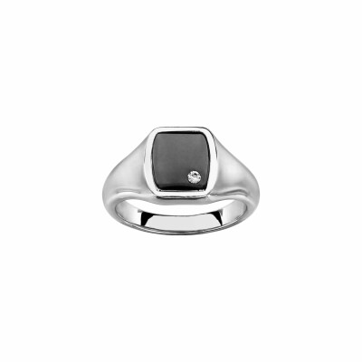 Chevalière en acier forme tonneau pvd noir avec 1 oxyde