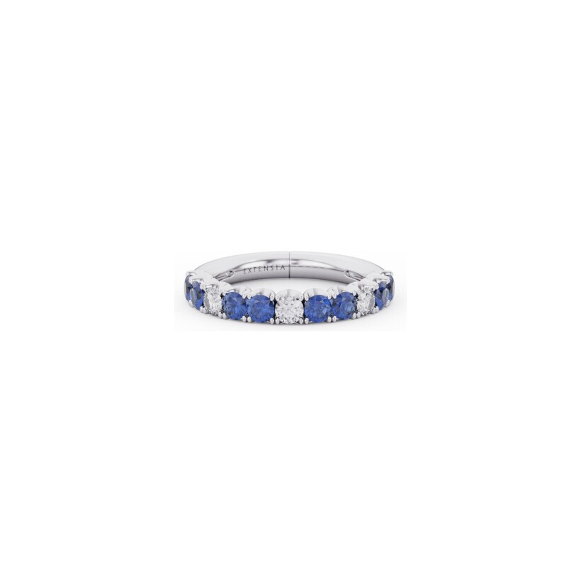 Demi alliance Frojo extensible en or blanc, saphir bleu et diamants, taille 52