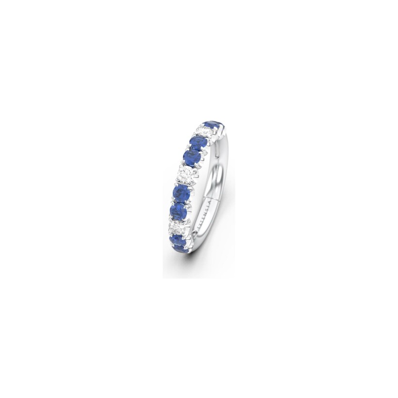 Demi alliance Frojo extensible en or blanc, saphir bleu et diamants, taille 52