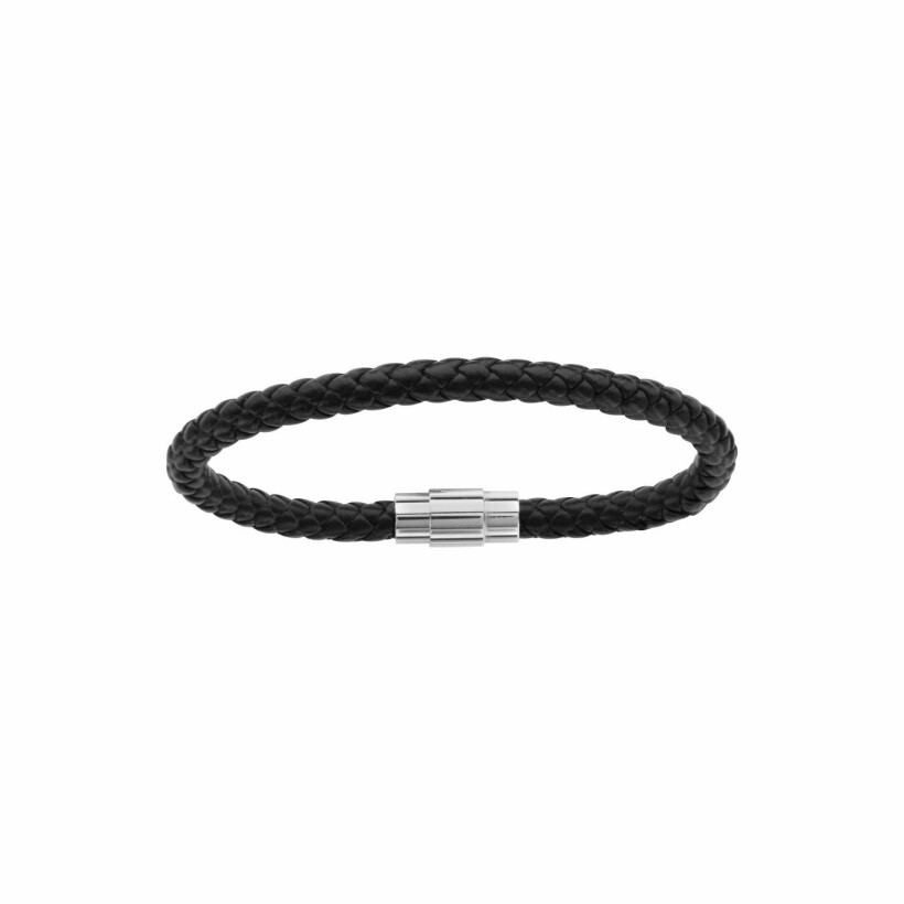 Bracelet cuir bovin noir tressé fermoir acier 21cm