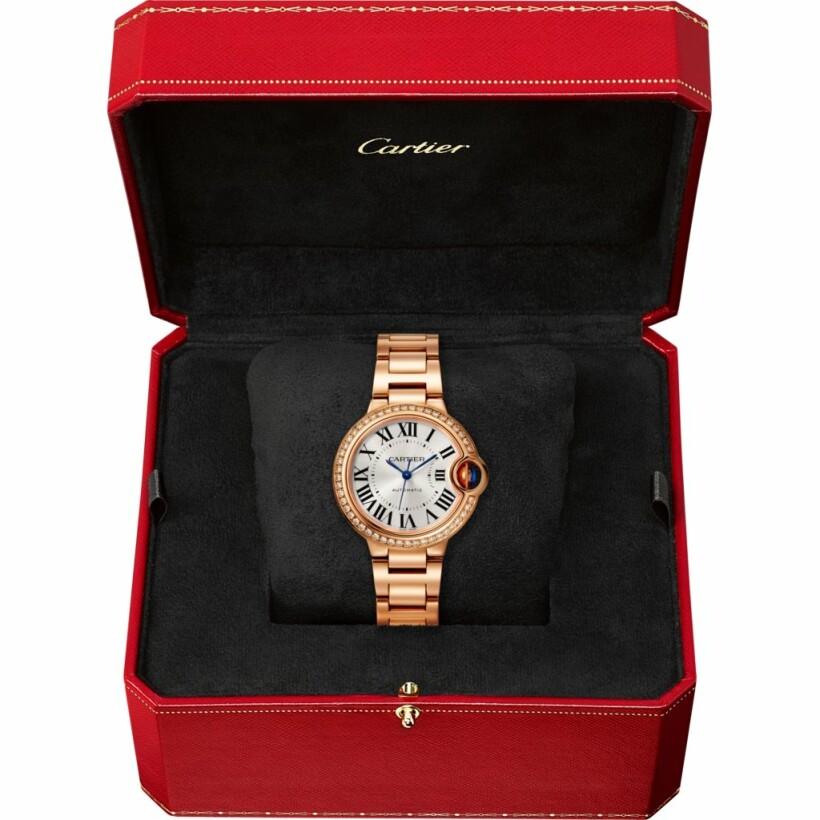 Ballon Bleu de Cartier watch, 33 mm, mechanical movement with automatic winding, rose gold, diamonds