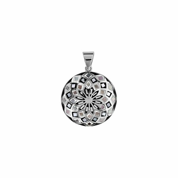 Pendentif acier rond stella mia fleur noir et blanc et nacre blanche