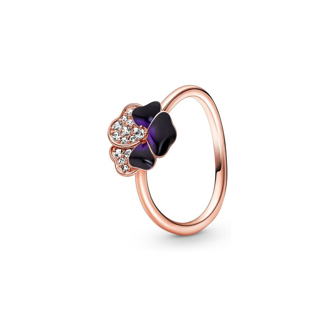 Bague Pandora pensée violet foncé en métal doré rose, taille 54