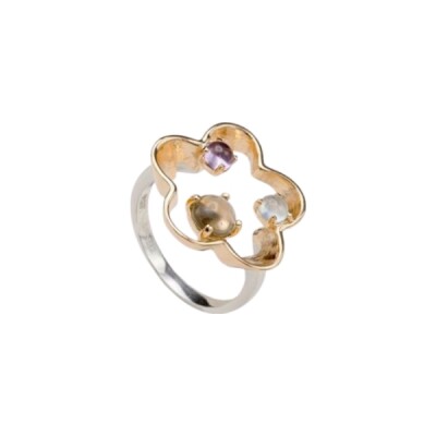 Bague Monet en argent doré rose et améthyste, aigue-marine et quartz fumé