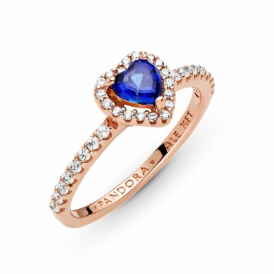 Bague Pandora Timeless cœur surélevé bleu scintillant en métal doré rose et oxyde de zirconium et cristal, taille 48