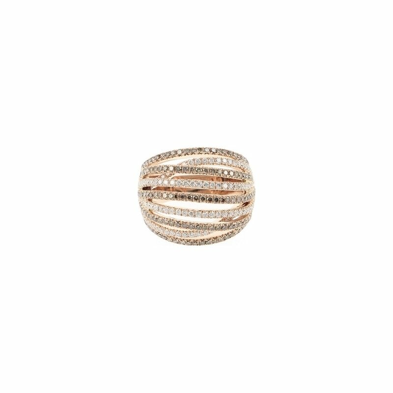 Multi-line ring in pink gold and white, brown and black diamonds
