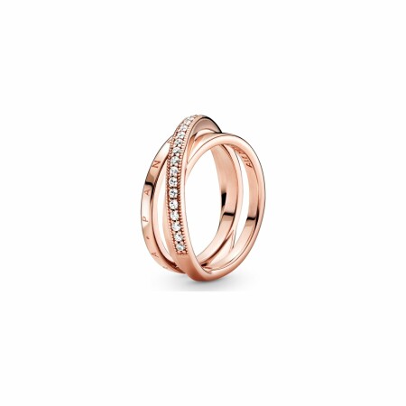 Bague Pandora Signature triple pavé croisé en métal doré rose et oxyde de zirconium, taille 54