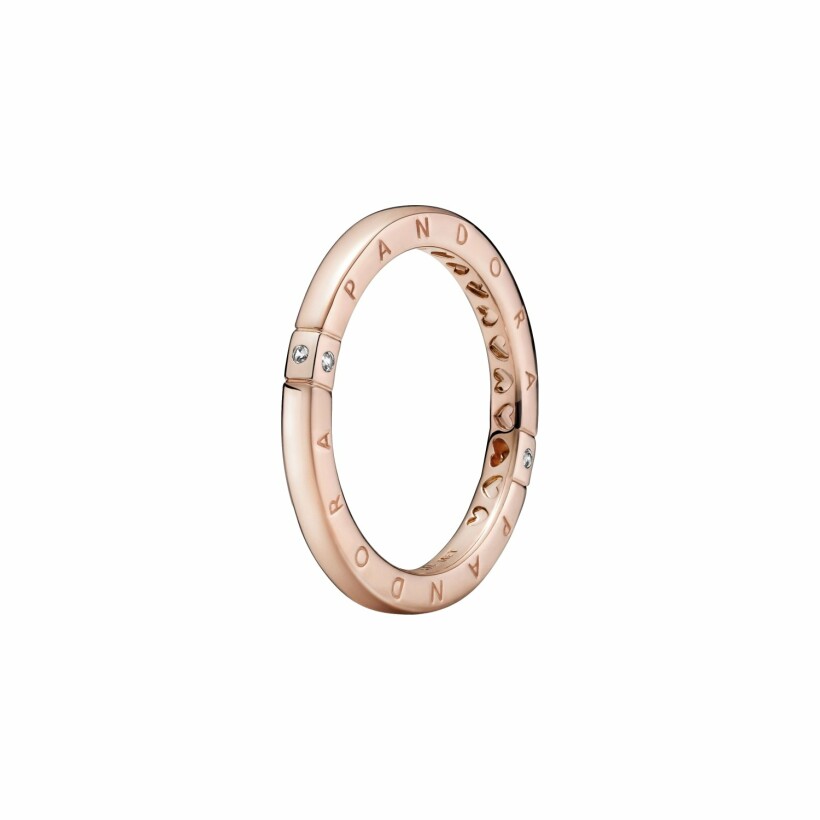 Bague Pandora Signature logo & cœurs en métal doré rose et oxydes de zirconium, taille 54