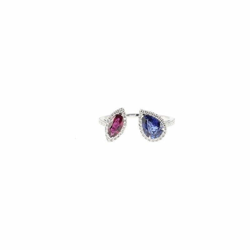Two-tone Almond & Pear ring, in white gold, sapphire, ruby and diamonds