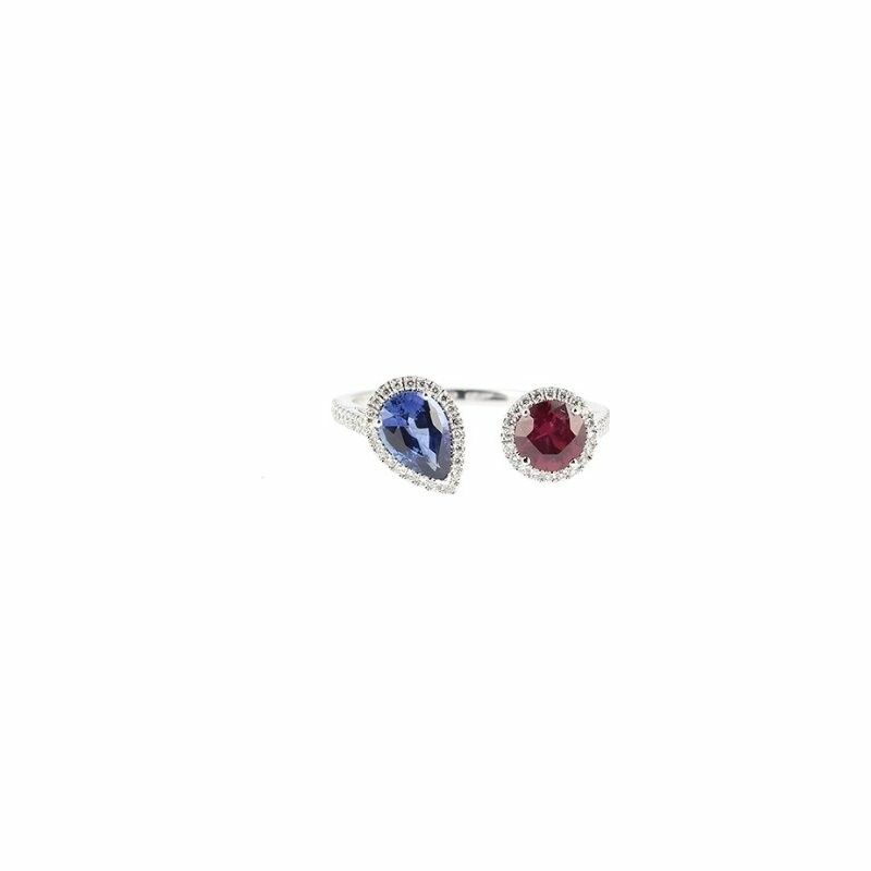 Two-tone Round & Pear ring, in white gold, sapphire, ruby and diamonds