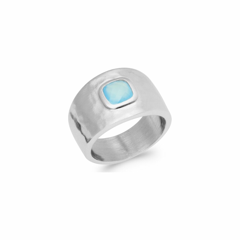 Bague en argent rhodié et agate bleue