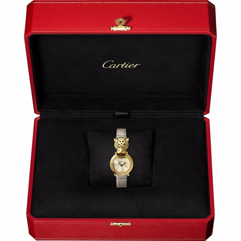 La Panthère watch<br/>, 22 mm, quartz, yellow gold, diamonds, tsavorites, lacquer, leather