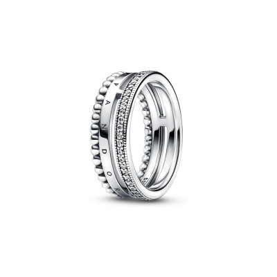 Bague Pandora Signature Pavé & Motifs Perlés en argent, taille 54