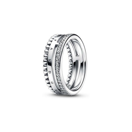 Bague Pandora Signature Pavé & Motifs Perlés en argent, taille 56