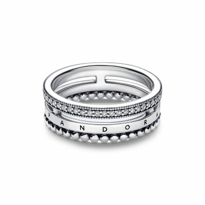 Bague Pandora Signature Pavé & Motifs Perlés en argent, taille 54